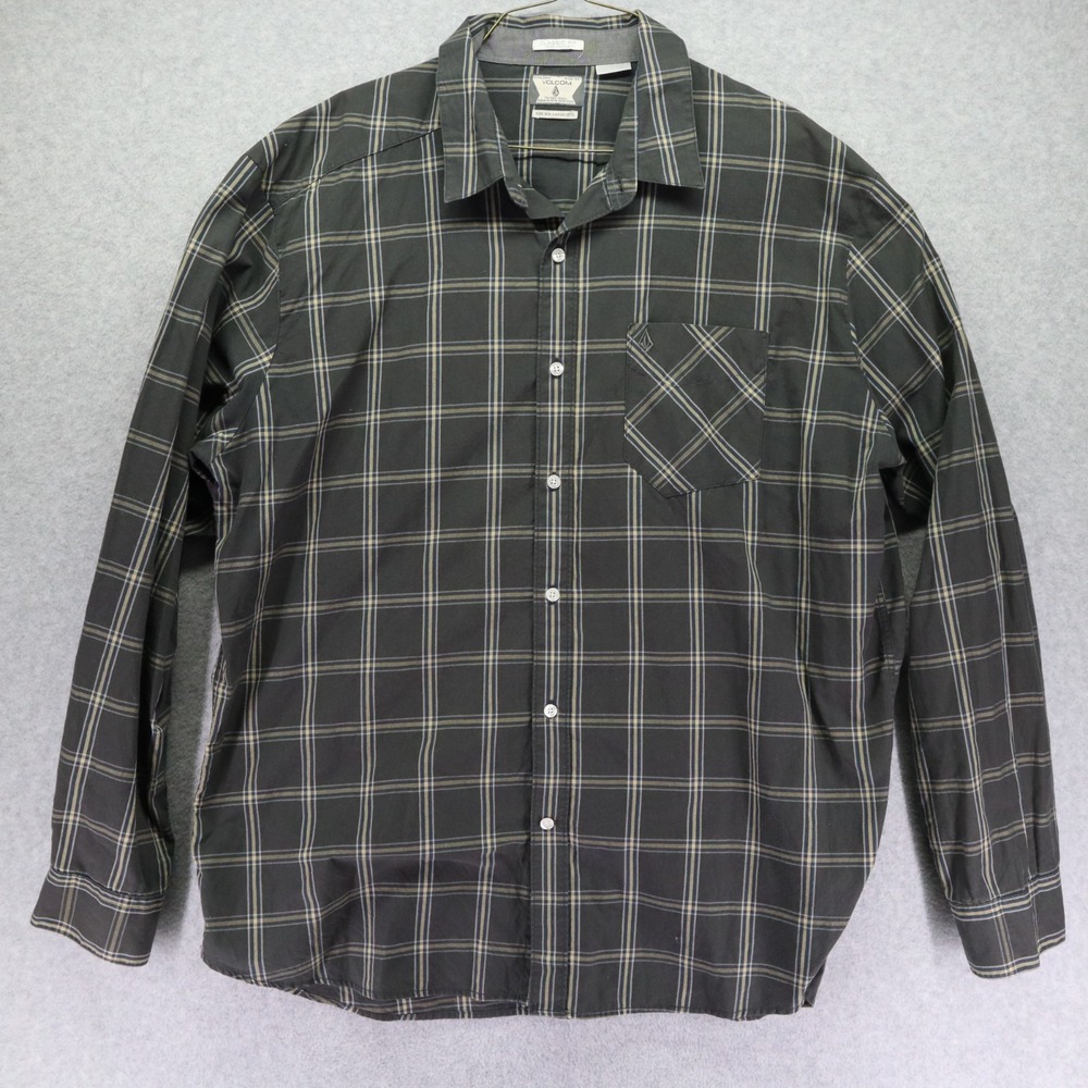 Volcom Shirt Mens 2XL XXL Casual Pocket Button‎ Up Gray Plaid Long Sleeve